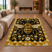 Golden Bee Honeycomb Border Rug in a living room with a fireplace