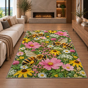 Bees in Wildflower Garden Rug in a living room with a fireplace