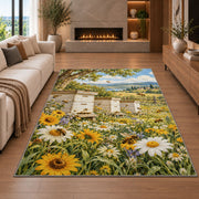 Vintage Bee Farm Rug in a living room with a fireplace