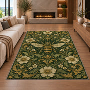 Vintage Engraved Bee Rug in a living room with a fireplace