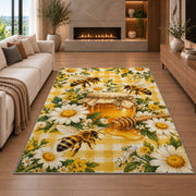 Gingham Honey Jar Bee Rug in a living room with a fireplace