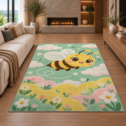 Cute Baby Bee Nursery Rug in a living room with a fireplace
