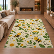 Happy Bees Flight Path Rug in a living room with a fireplace