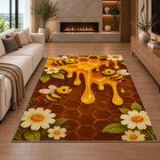 Dripping Honeycomb Bee Rug in a living room with a fireplace