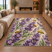 Lavender and Bees Rug in a living room with a fireplace