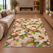 Apple Blossom Bees Rug in a living room with a fireplace
