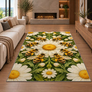 Bee Ring Daisy Medallion Rug in a living room with a fireplace