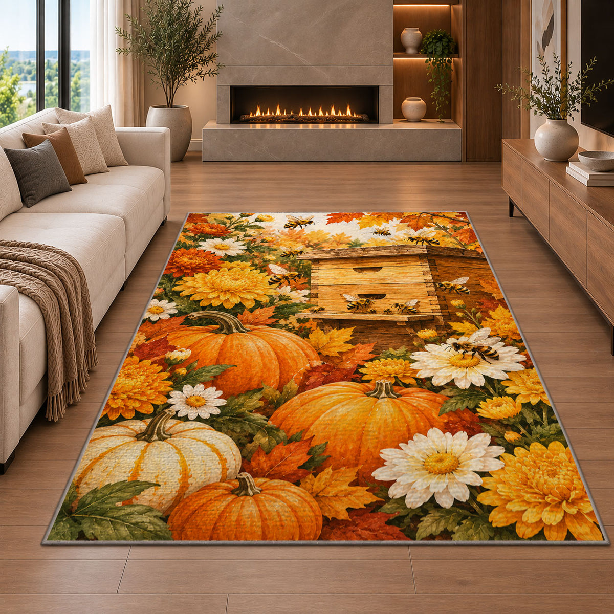 Autumn Beehive Pumpkin Rug in a living room with a fireplace