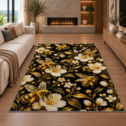 Golden Bees on Black Rug in a living room with a fireplace