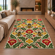 Scandinavian Folk Art Bee Rug in a living room with a fireplace