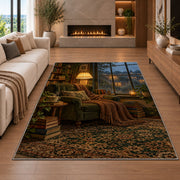 Rainy Day Reading Nook rug in a living room with a fireplace