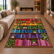 Rainbow Bookshelf rug in a living room with a fireplace