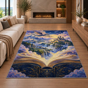 Fantasy World from a Book rug in a living room with a fireplace