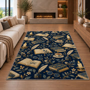Book and Quill Pattern rug in a living room with a fireplace