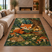 Fox Cub Reading rug in a living room with a fireplace