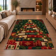 Book Christmas Tree rug in a living room with a fireplace