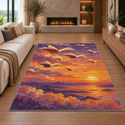 Books Flying at Sunset rug in a living room with a fireplace