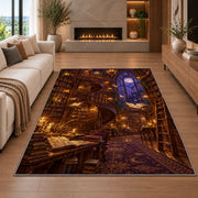Magical Library rug in a living room with a fireplace
