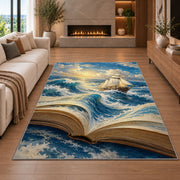 Book Pages Become the Sea rug in a living room with a fireplace