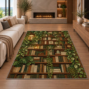 Ivy Covered Bookshelf rug in a living room with a fireplace