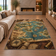 Fantasy Map in a Book rug in a living room with a fireplace