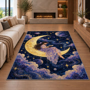 Reading on the Moon rug in a living room with a fireplace