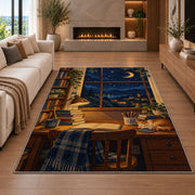 Starry Night Study Desk rug in a living room with a fireplace