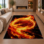 Basketball on Fire rug in a living room with a fireplace