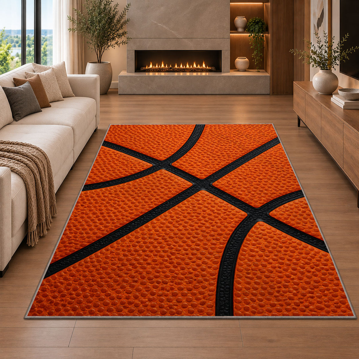 Basketball Texture Close-Up rug in a living room with a fireplace