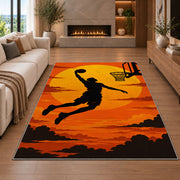 Slam Dunk Sunset Silhouette rug in a living room with a fireplace