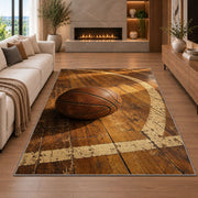 Vintage Leather Basketball rug in a living room with a fireplace