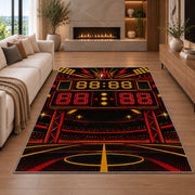 Retro Scoreboard rug in a living room with a fireplace