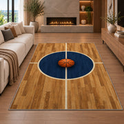 Center Court Circle rug in a living room with a fireplace