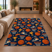 Basketball Icons Pattern rug in a living room with a fireplace