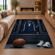 Locker Room Jersey Number 7 rug in a living room with a fireplace
