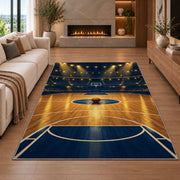 Arena Spotlight Court rug in a living room with a fireplace