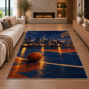 Rooftop Court City Night rug in a living room with a fireplace
