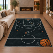 Chalkboard Basketball Play rug in a living room with a fireplace