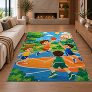 Kids Playing Basketball rug in a living room with a fireplace