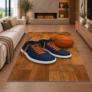 High-Top Sneakers and Ball rug in a living room with a fireplace