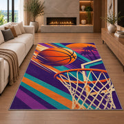 Retro 80s Hoops Poster rug in a living room with a fireplace