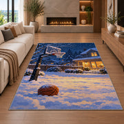Snowy Backyard Hoop rug in a living room with a fireplace