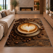 Latte Art Heart Cappuccino rug in a living room with a fireplace
