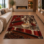 Vintage Espresso Machine rug in a living room with a fireplace