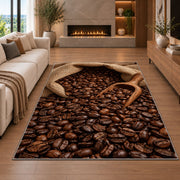 Burlap Sack of Coffee Beans rug in a living room with a fireplace