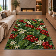 Coffee Cherry Branches rug in a living room with a fireplace
