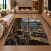 French Press Rainy Window rug in a living room with a fireplace