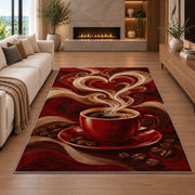 Coffee Steam Heart rug in a living room with a fireplace