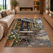 Parisian Sidewalk Cafe rug in a living room with a fireplace