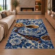 Blue Willow Coffee Cup rug in a living room with a fireplace